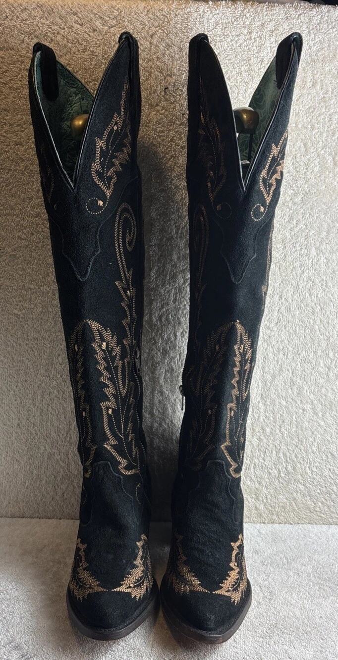 Corral Ladies Black Suede Embroidery J Toe Tall Top Leather Boots A4404 Size 6M